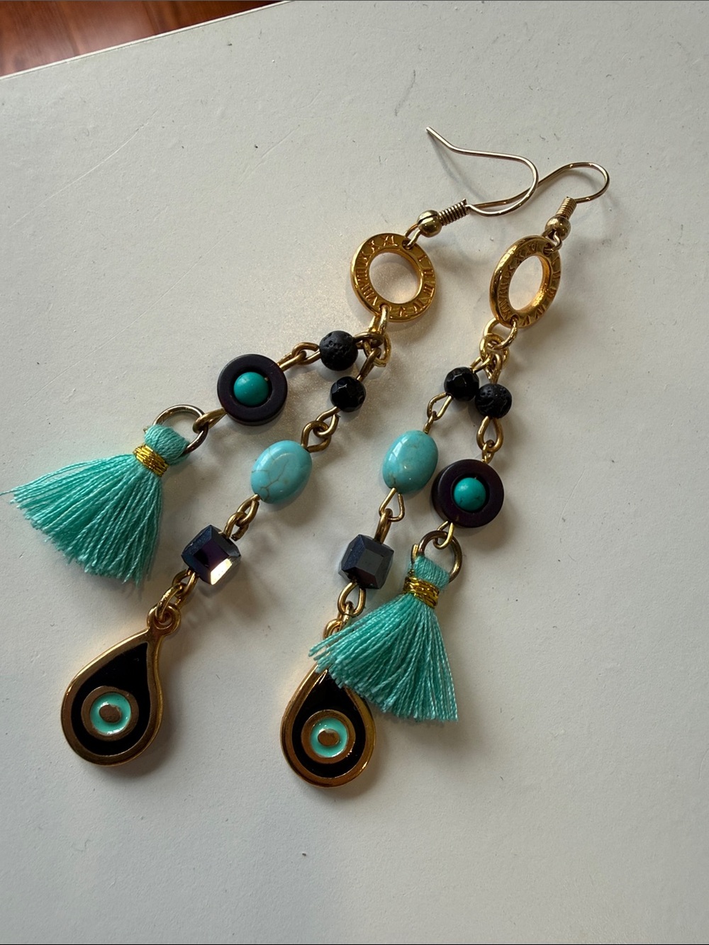 Boho Tassel Drop Earrings in Aqua Turquoise - Gold Accents